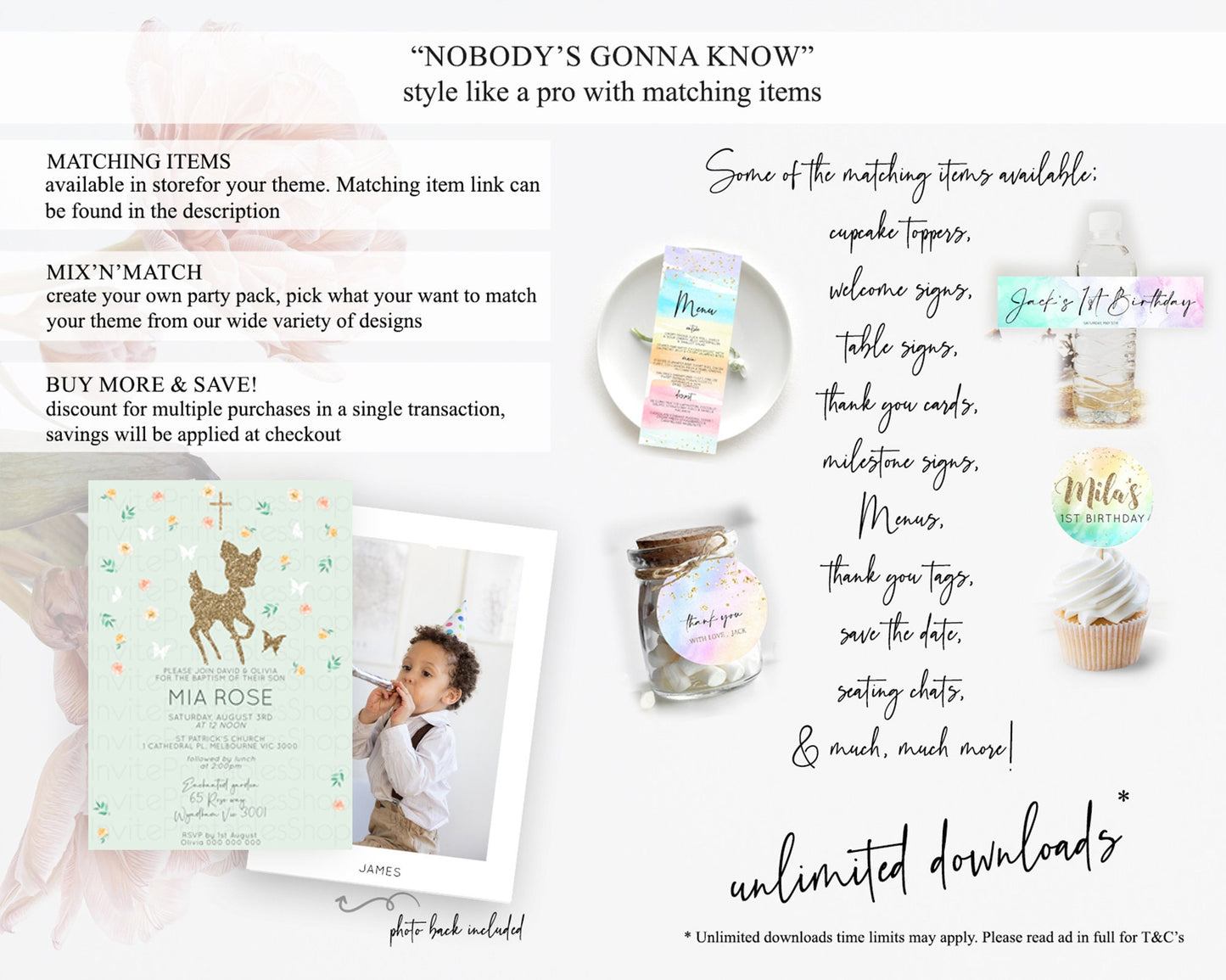 Fawn Baptism Invitation Deer Baptism 1st Birthday Invitation Enchanted Forest Christening Invitation Pastel Garden Butterfly Floral D10385