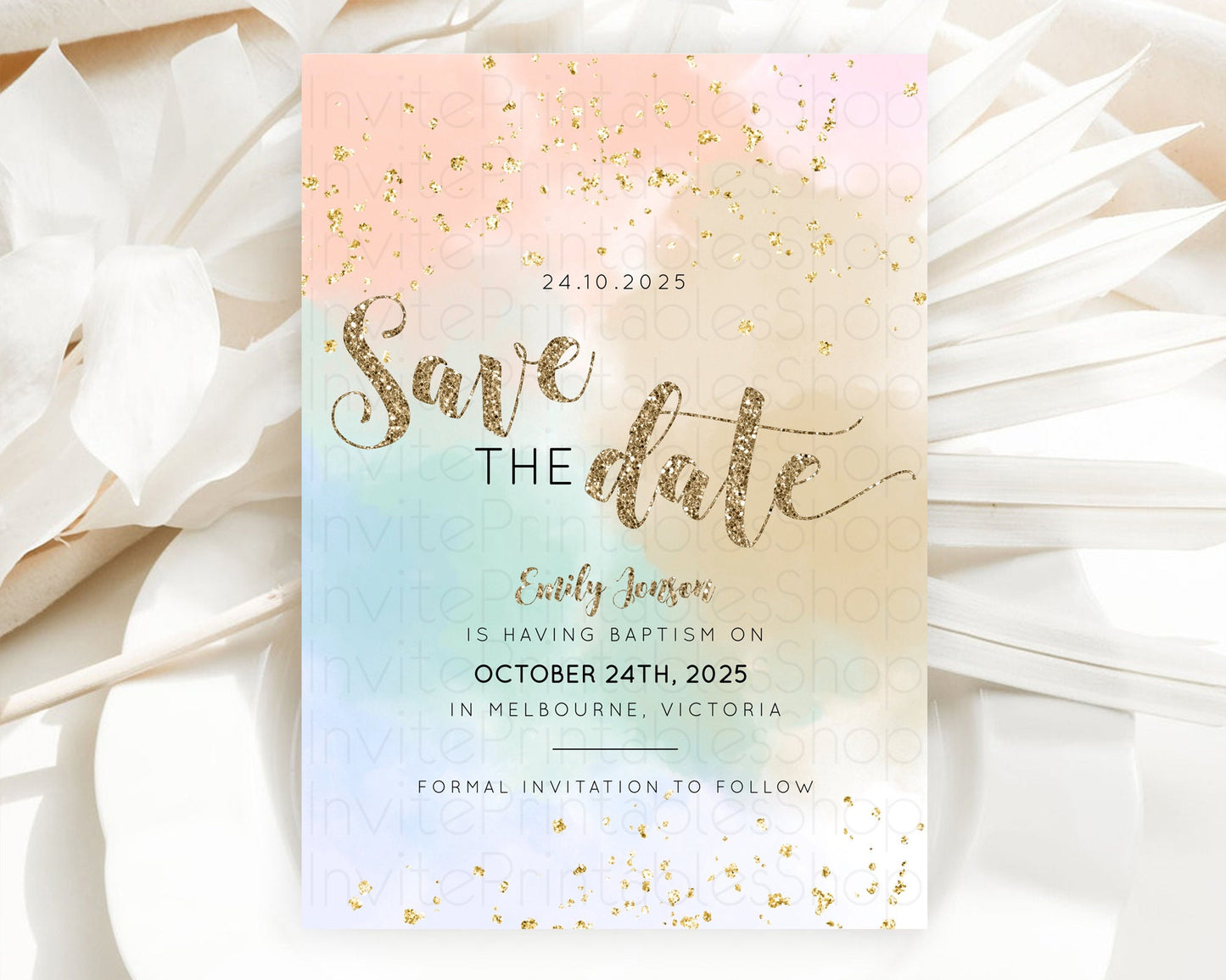 Pastel Save The Date Template Pastel Ombre Rainbow Watercolor Colorful Party For Birthday Baptism Baby Shower Wedding Bridal Shower D10377