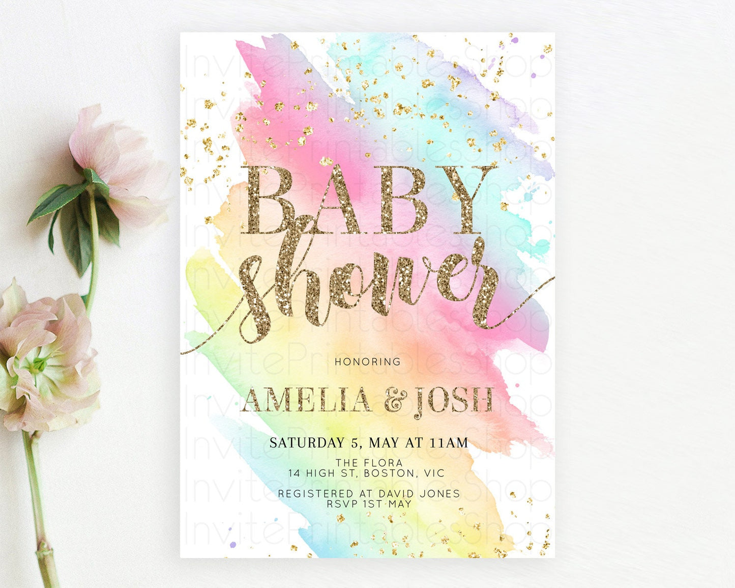 Pastel Baby Shower Invitation Rainbow Baby Shower Invitation Colorful Pastel Watercolor Invitation Gold Glitter Sprinkles Ombre D10495