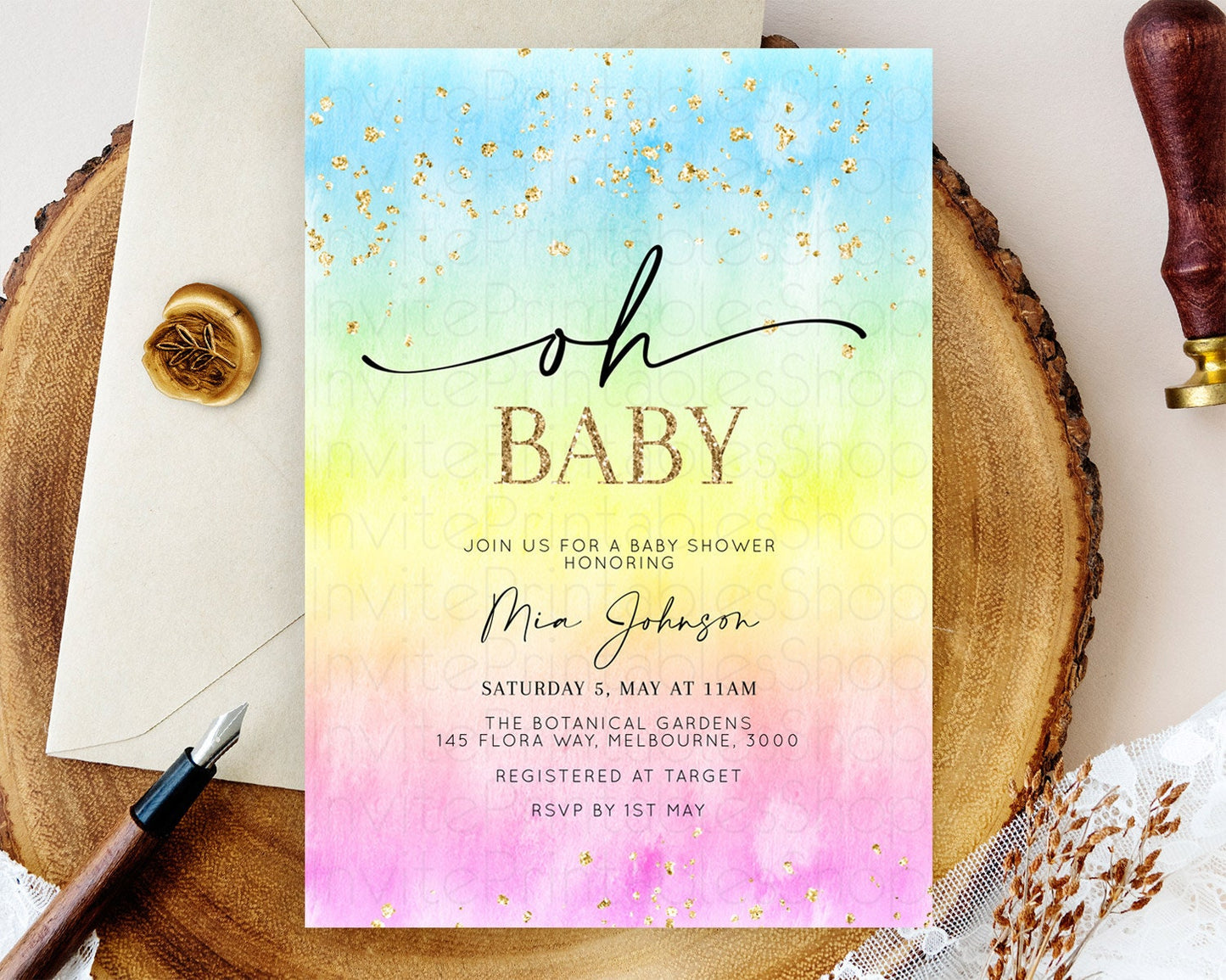 Pastel Baby Shower Invitation Rainbow Baby Shower Invitation Colorful Pastel Watercolor Invitation Gold Glitter Sprinkles Ombre D10483