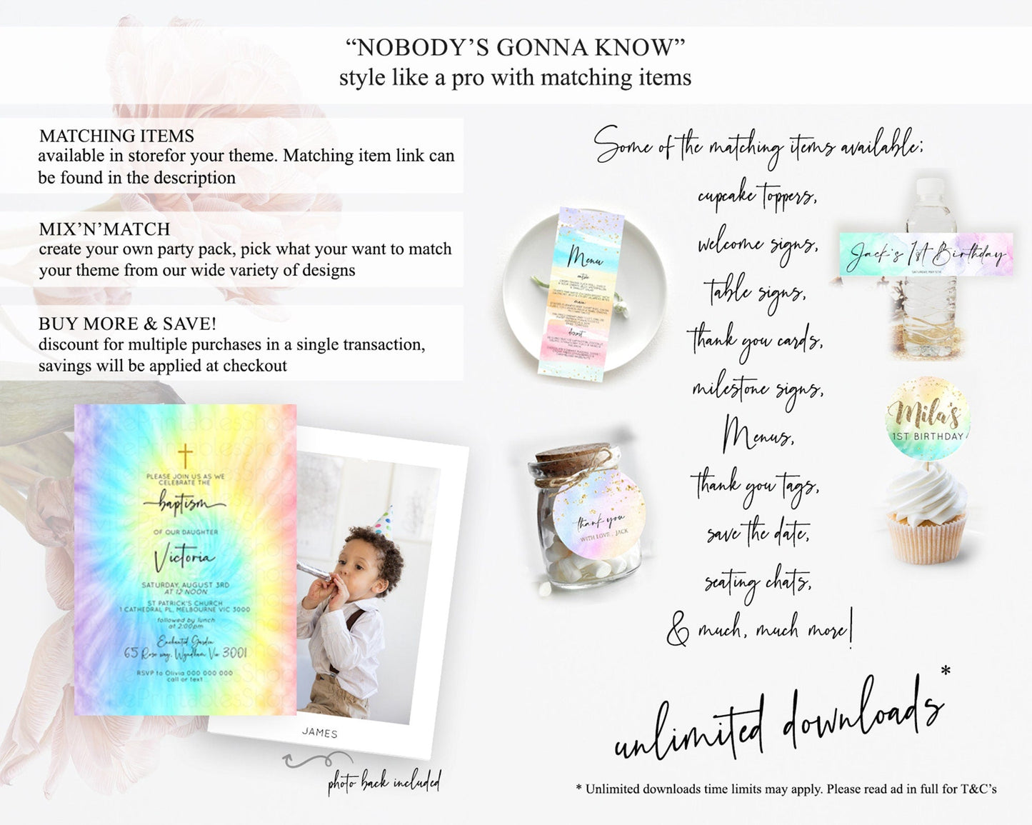 Tie Dye Baptism Invitation Rainbow Baptism 1st Birthday Invitation Pastel Ombre Colorful Christening Invitation Holy Communion D10578