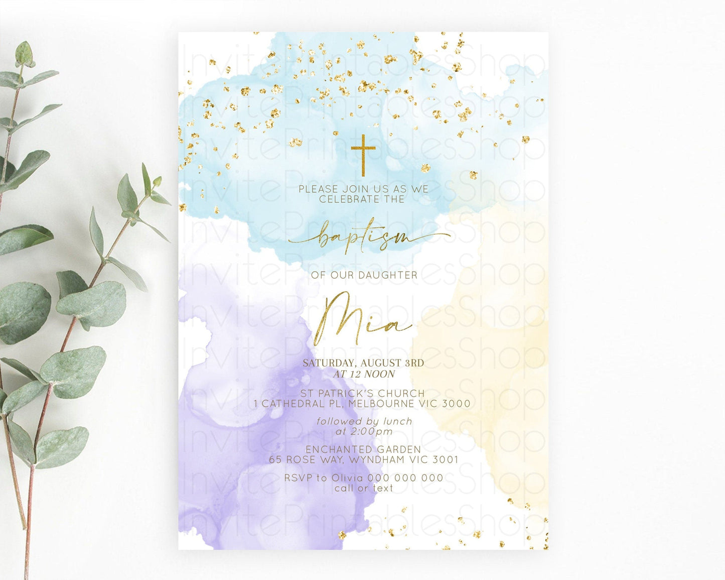Pastel Baptism Invitation Pastel Colors Watercolor Baptism 1st Birthday Party Gold Ombre Pastel Rainbow Christening Holy Communion D10206