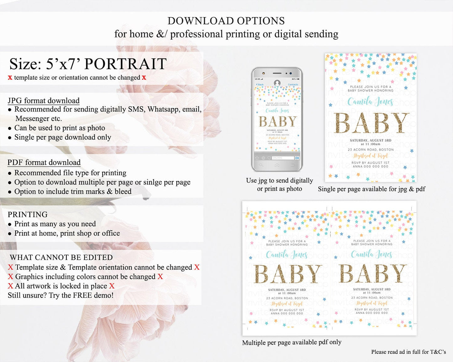 Twinkle Star Baby Shower Invitation Pastel Baby Shower Invitation Rainbow Confetti & Colorful Stars Pink, Blue, Green, Yellow, Orange D10298
