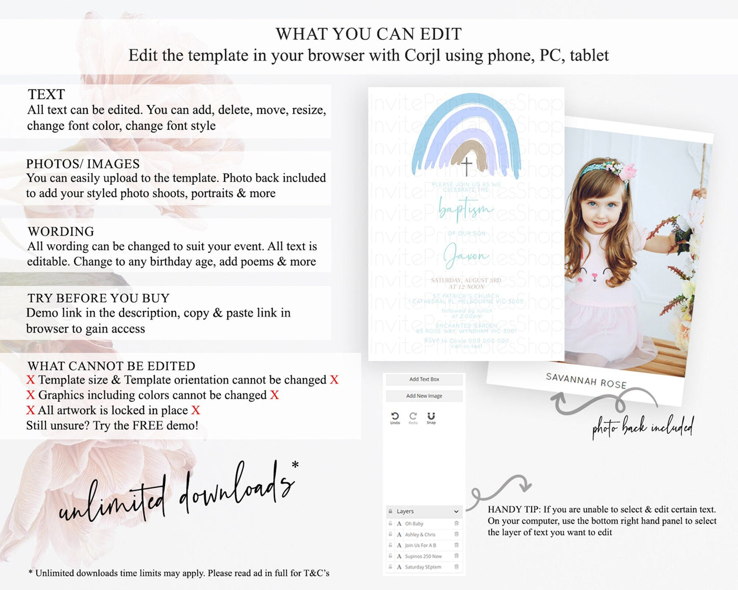 Pastel Rainbow Baptism Invitation Boho Rainbow Baptism 1st Birthday Invitation Rainbow Pastel Watercolor Christening Invitation D10352