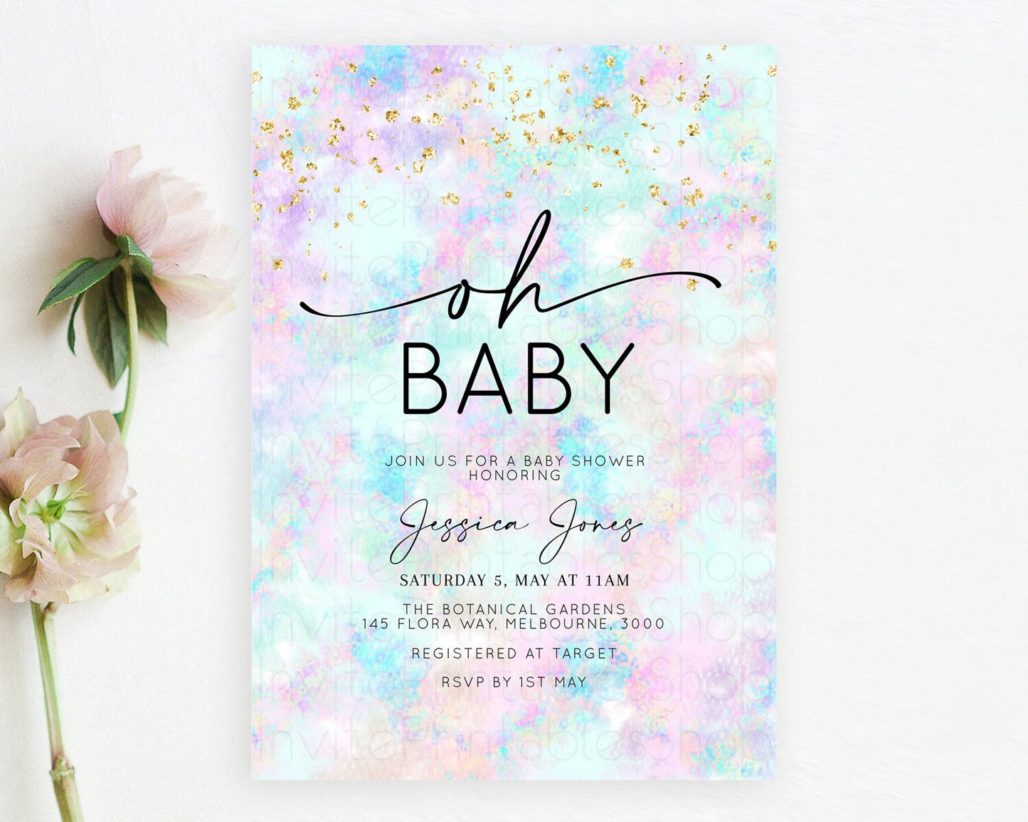 Pastel Baby Shower Invitation Rainbow Baby Shower Invitation Colorful Pastel Watercolor Invitation Gold Glitter Sprinkles Ombre D10652