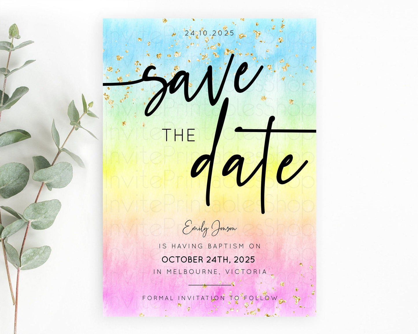 Pastel Save The Date Template Pastel Ombre Rainbow Watercolor Colorful Party For Birthday Baptism Baby Shower Wedding Bridal Shower D10480