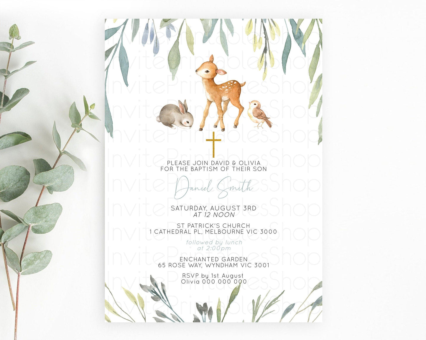Fawn Baptism Invitation Deer Baptism 1st Birthday Invitation Enchanted Forest Christening Invitation Pastel Garden Butterfly Floral D10919