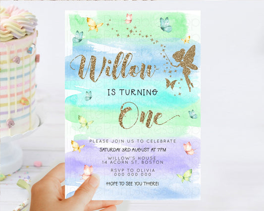 Pastel Fairy Birthday Invitation Pastel Butterflies Fairy Birthday Invitation Rainbow Ombre Watercolor 1st 2nd Birthday Invitation D23321