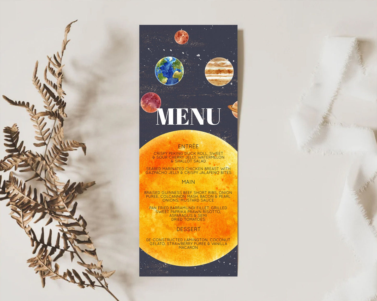 Space Menu Space Menu Template First Trip Around the Sun Table Decor Planets Solar System ONE year Food Menu Dinner Dessert Menu D10430