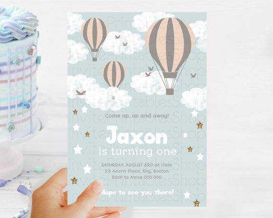 Hot Air Balloon Birthday Invitation Hot Air Balloon Invites Adventure Awaits Up Up & Away Glitter Blue Watercolor 1st Birthday Boy D10174