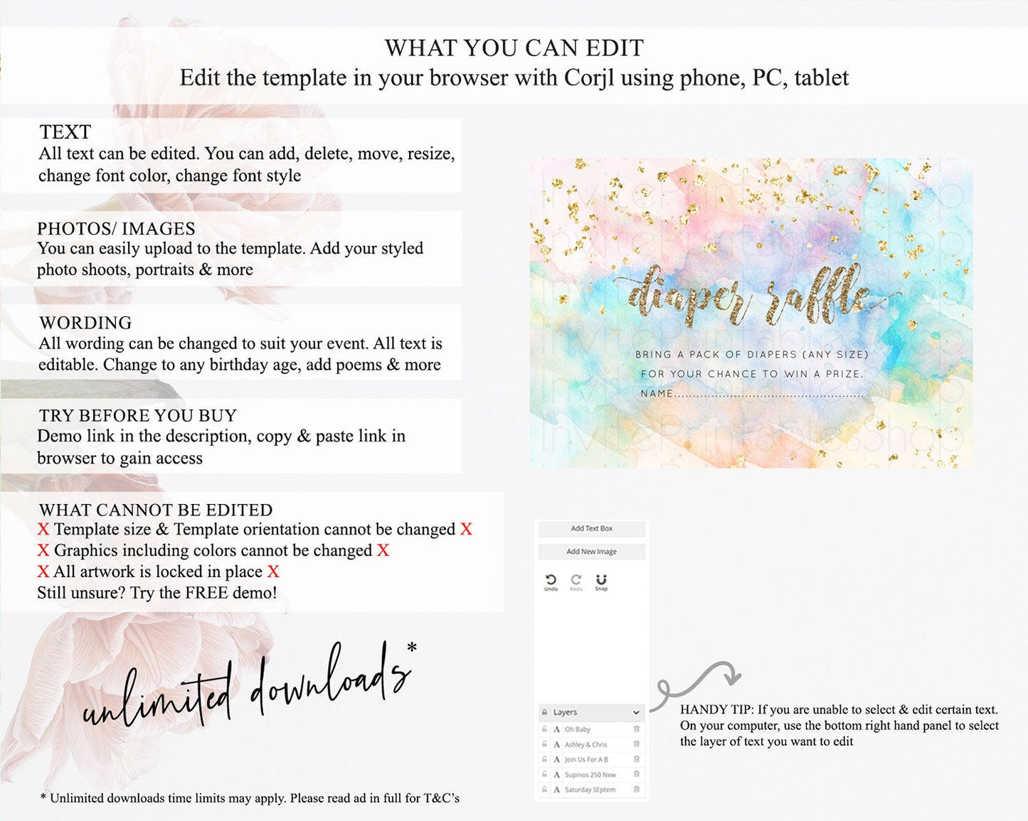 Pastel Diaper Raffle Card Pastel Rainbow Diaper Raffle Insert Colorful Ombre Watercolor Diaper Ticket Confetti Glitter Raffle Game D10261