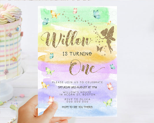 Pastel Fairy Birthday Invitation Pastel Butterflies Fairy Birthday Invitation Rainbow Ombre Watercolor 1st 2nd Birthday Invitation D23322