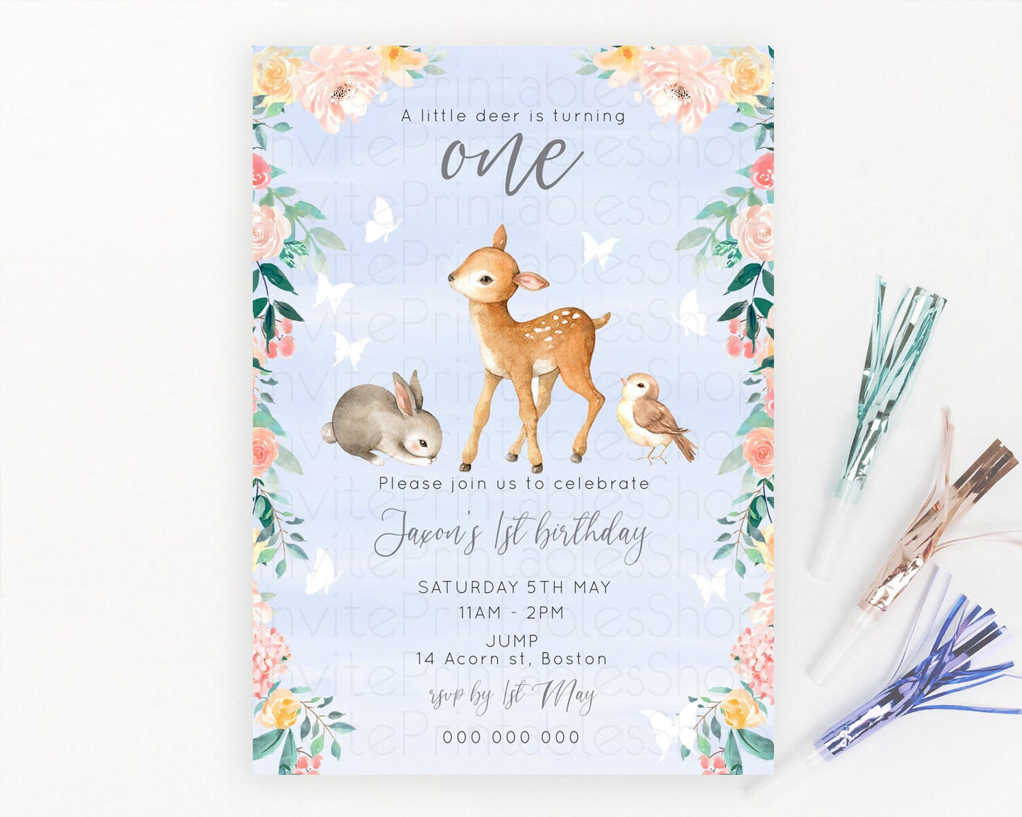 Fawn Birthday Invitation Deer Birthday Invitation Enchanted Forest Party Butterfly Pastel Flowers Whimsical 2nd 1st First Birthday D10920