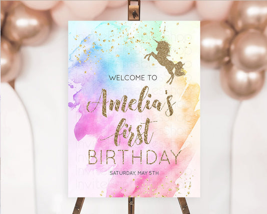 Unicorn Rainbow Birthday Welcome Board Pastel Unicorn Welcome Sign Magical Ombre Colorful Watercolor First Birthday Welcome Sign D10452