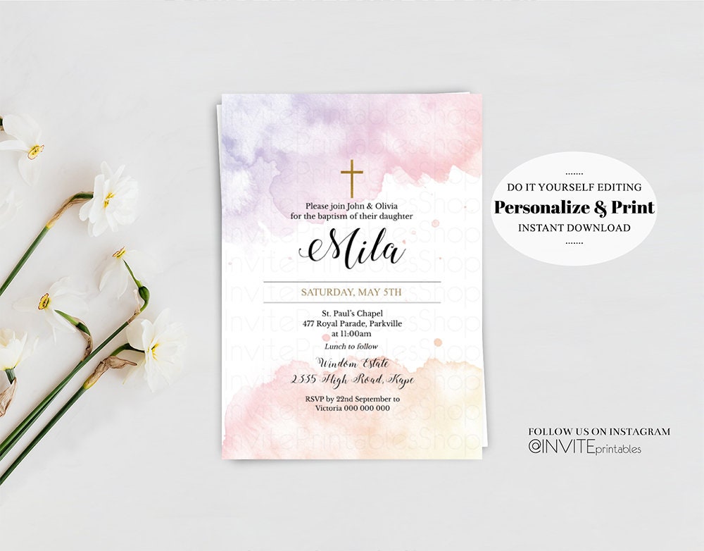 Pink Watercolor Baptism Invitation Pastel Purple Christening Invitation Splash Glitter Gold Sprinkles Foil Splatter Holy Communion Cross