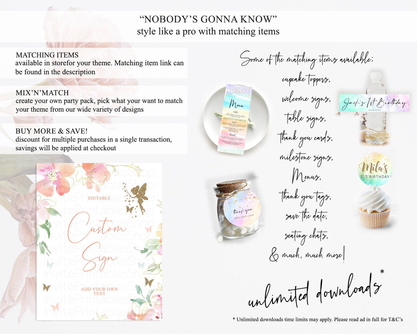 Fairy Sign Enchanted Garden Table Sign Decor Pastel Floral Butterfly Party Secret Garden Birthday Baptism Baby Shower Bridal Shower D10934