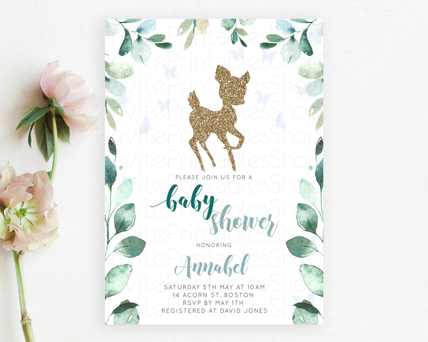 Deer Baby Shower Invitation, Woodland, Whimsical Fawn with Butterflies, Lush Greenery, Magic Glitter, Organic Leafy Vine Green Tones D10882