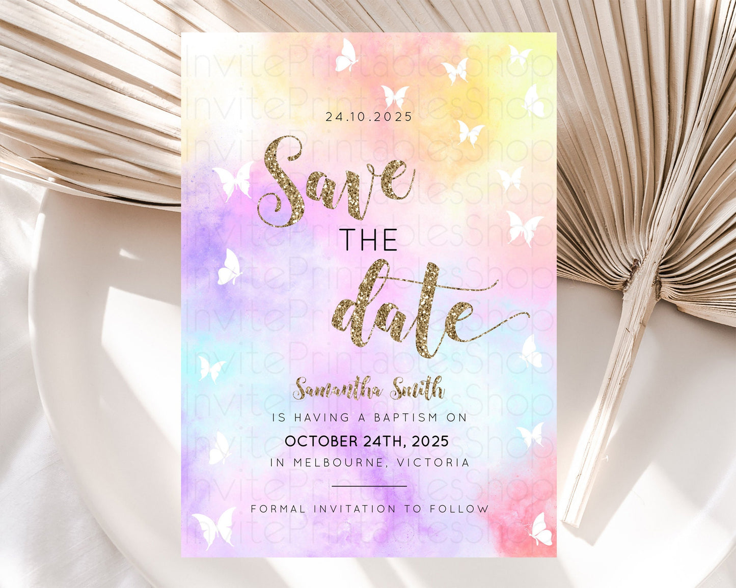 Pastel Save The Date Template Pastel Ombre Rainbow Watercolor Colorful Party For Birthday Baptism Baby Shower Wedding Bridal Shower D10435