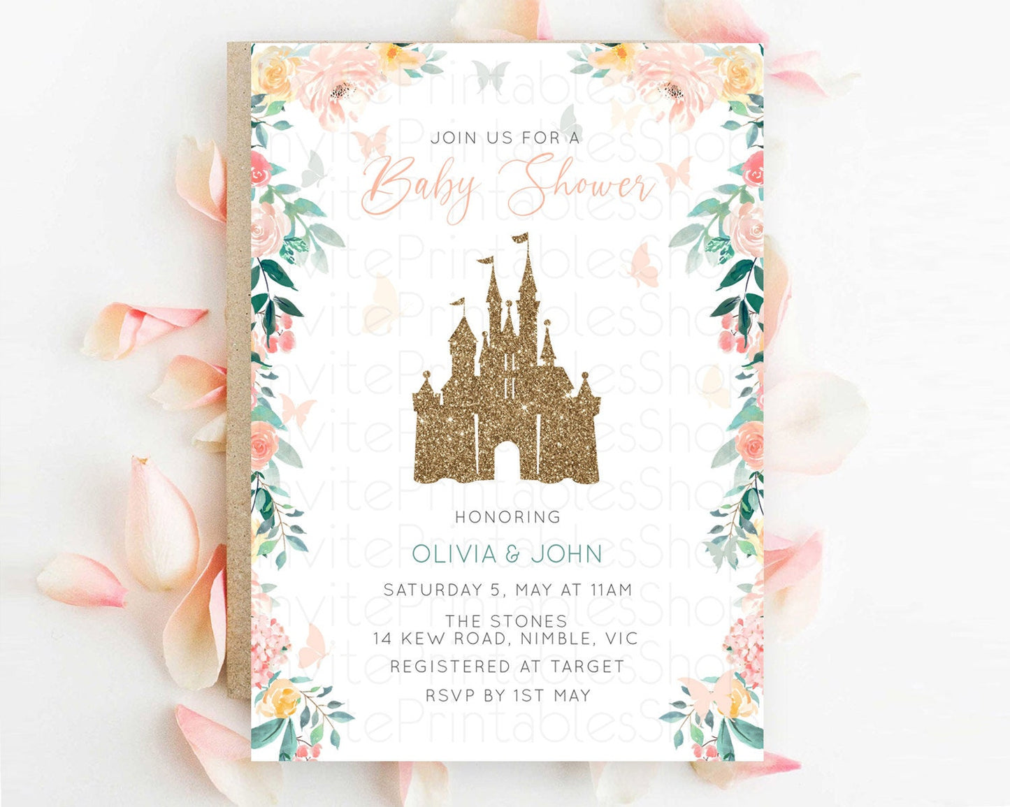 Princess Baby Shower Invitation, Enchanted Castle, Fairy Garden, Pastel Green, Orange, Pink Floral, Butterflies - Glitter Pixie Magic D10925