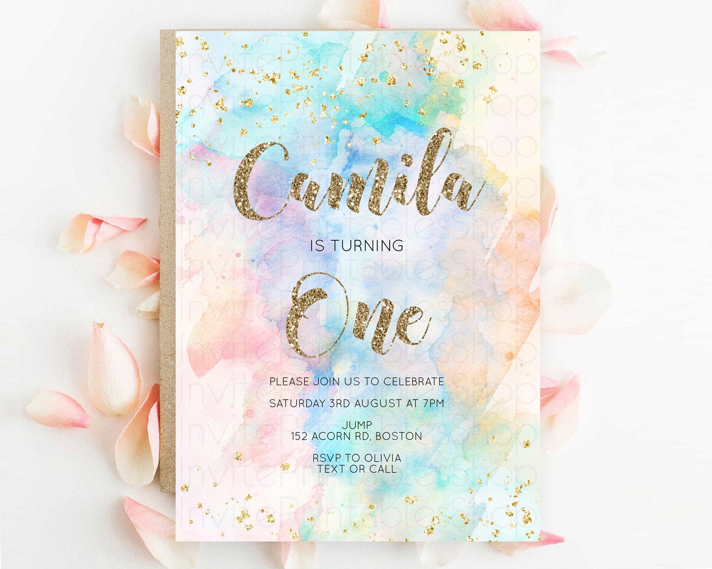 Rainbow Birthday Invitation Colorful Pastel Watercolor Invitation Gold Glitter Sprinkles Ombre Pastel 1st 2nd 3rd Birthday D10261