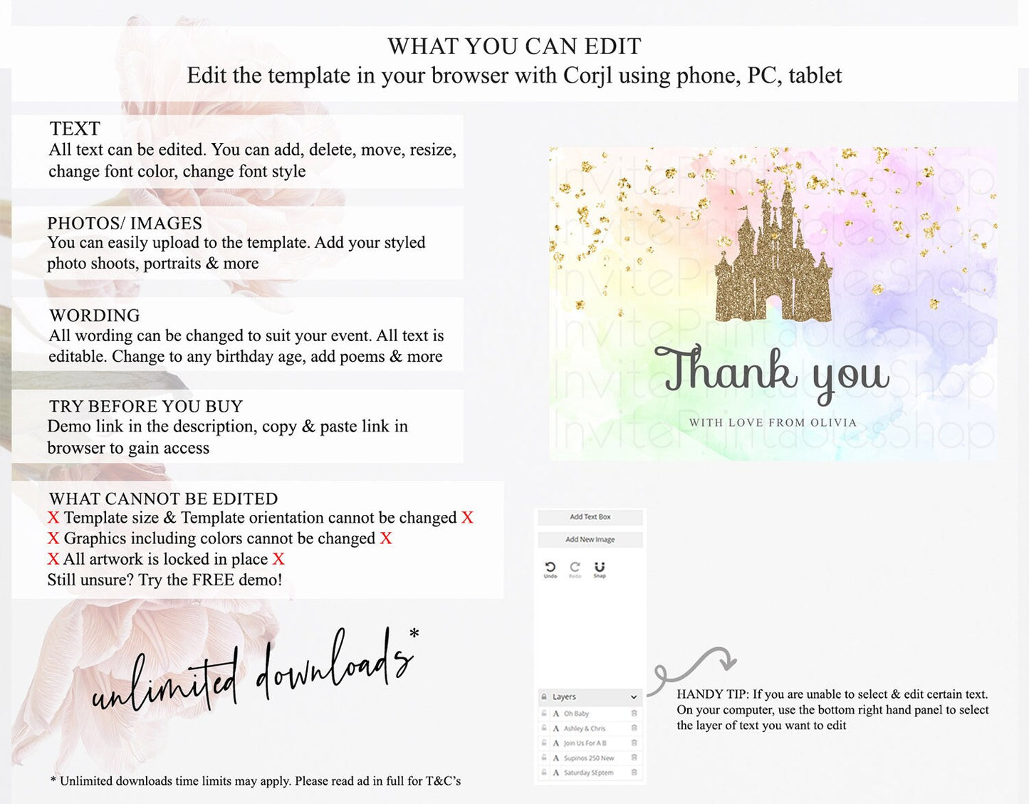 Princess Thank You Pastel Princess Thank You Card Pastel Rainbow Thank You Cards Colorful Enchanted Castle Teacher Thank You Cards D10658