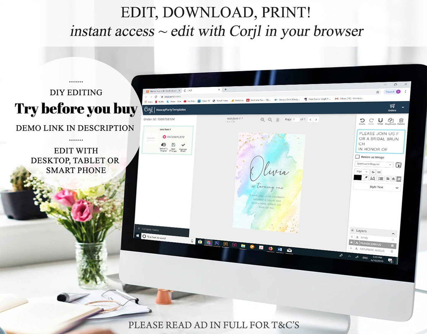 Pastel Rainbow Birthday Invitation Colorful Watercolor Splash Ombre Ink Paint Gold Foil Purple Pink Blue Custom Printable 146