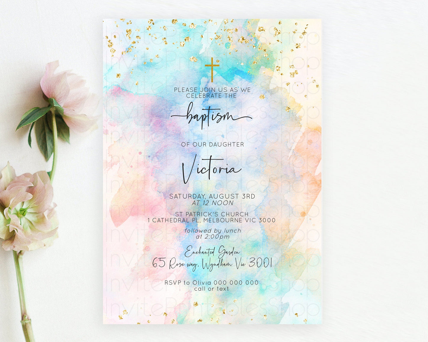 Pastel Baptism Invitation Pastel Colors Watercolor Baptism 1st Birthday Party Gold Ombre Pastel Rainbow Christening Holy Communion D10260