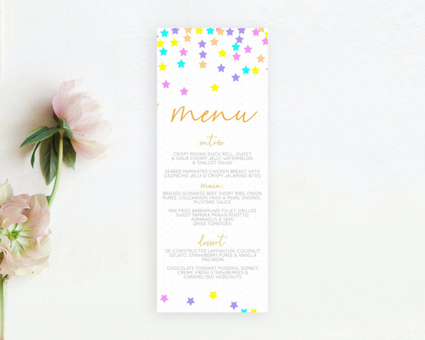 Star Menu Template Pastel Stars Menu Shooting Star Twinkle Little Star Decor Rainbow Colorful Confetti Dinner Dessert Food Menu D10397