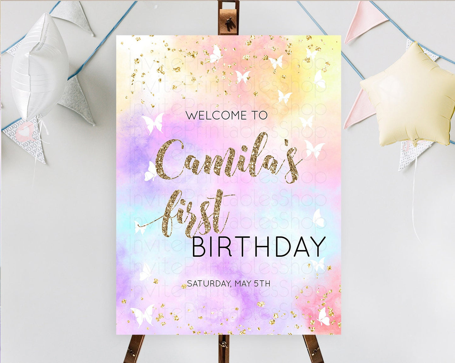 Pastel Welcome Sign Pastel Rainbow Welcome Sign Colorful Rainbow Confetti Watercolor Glitter Pastel First Birthday Welcome Sign D10435