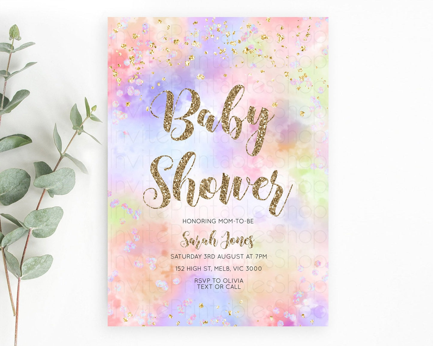 Pastel Baby Shower Invitation Rainbow Baby Shower Invitation Colorful Pastel Watercolor Invitation Gold Glitter Sprinkles Ombre D11019