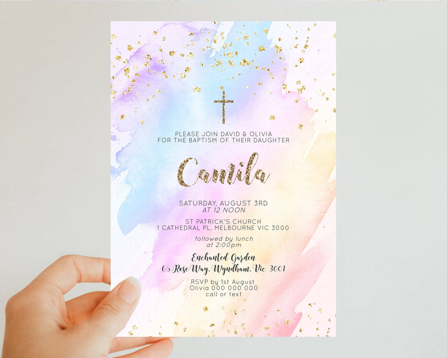 Rainbow Baptism Invitation Pastel Christening Invitation Holy Communion Invitation Glitter Watercolor Splash Invitation Colorful Invite g600