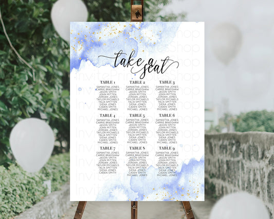 Blue Seating Chart Blue Watercolor Seating Chart Pastel Blue Watercolor Seating Chart Blue Splash Gold Blue Watercolor Décor D10313