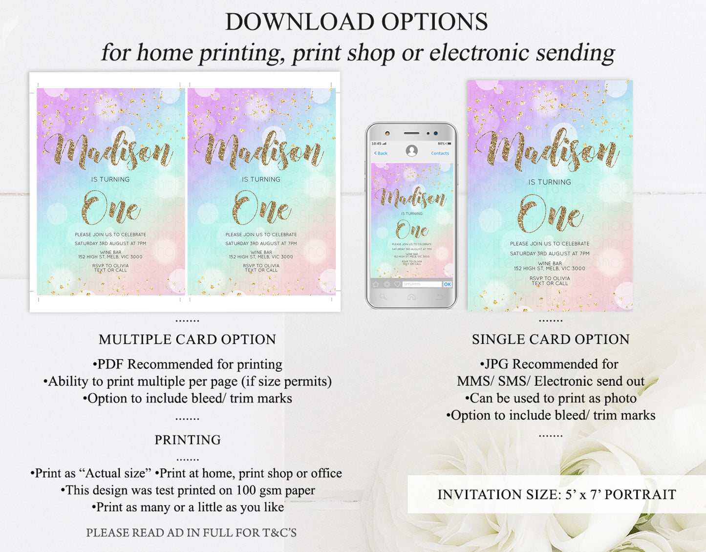 Rainbow Birthday Invitation Pastel Birthday Invite Ombre Watercolor Invite Enchanted Theme Colorful Splash Glitter Sprinkles 1st 2nd 3rd