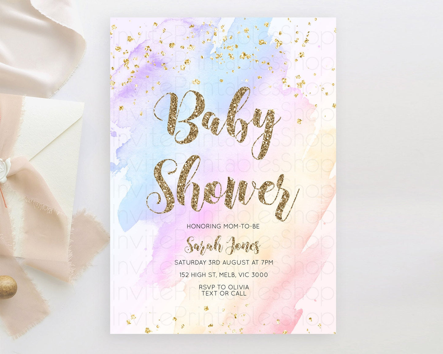 Pastel Baby Shower Invitation Rainbow Baby Shower Invitation Colorful Pastel Watercolor Invitation Gold Glitter Sprinkles Ombre D10633