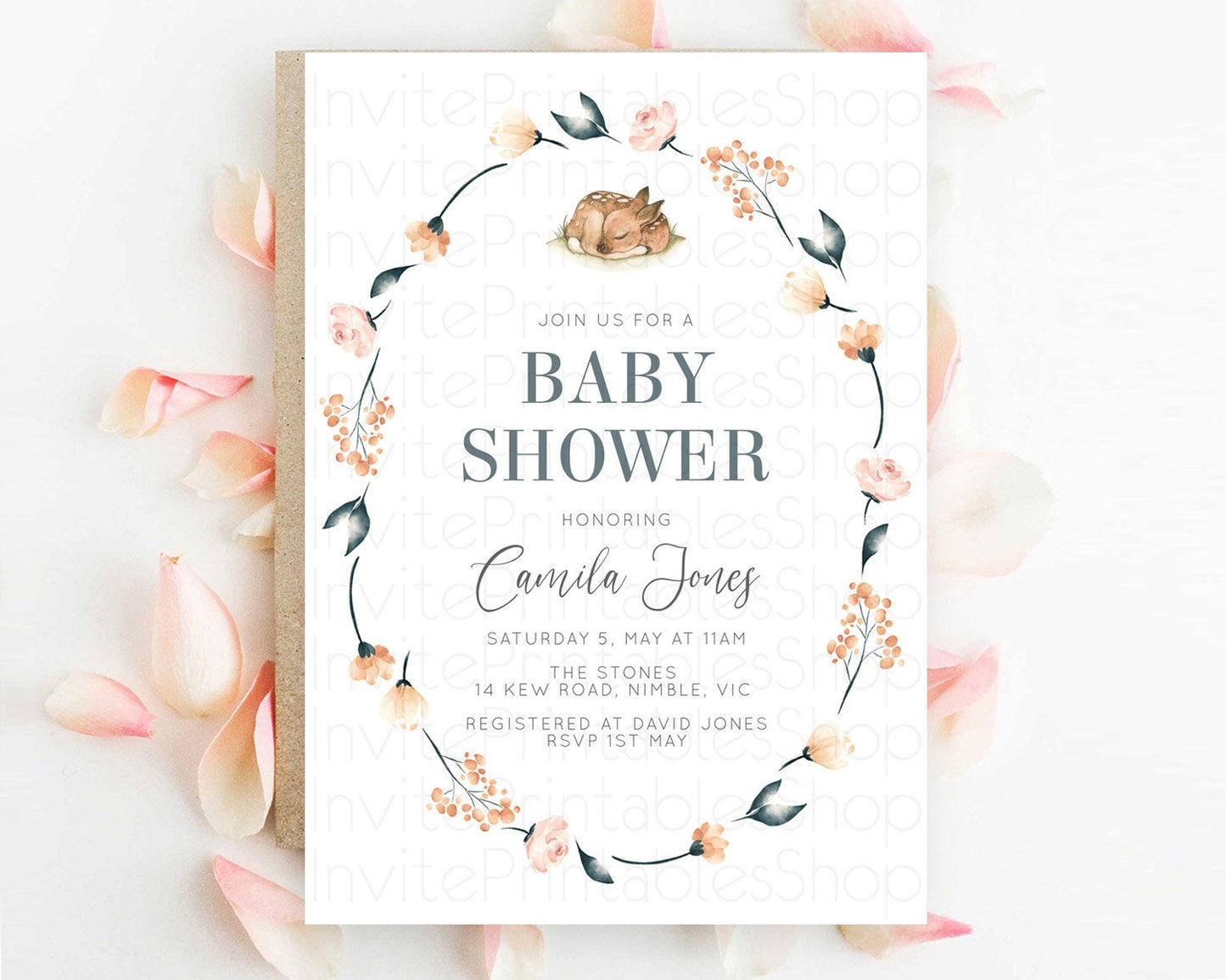 Fawn Baby Shower Invitation, Enchanted Forest, Whimsical Deer, Woodland, Pastel Flowers, Floral Crown, Organic Orange Pink Green Tone D10790