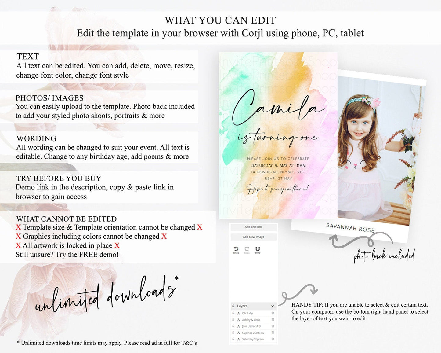 Rainbow Birthday Invitation Colorful Pastel Watercolor Invitation Gold Glitter Sprinkles Ombre Pastel 1st 2nd 3rd Birthday D10962