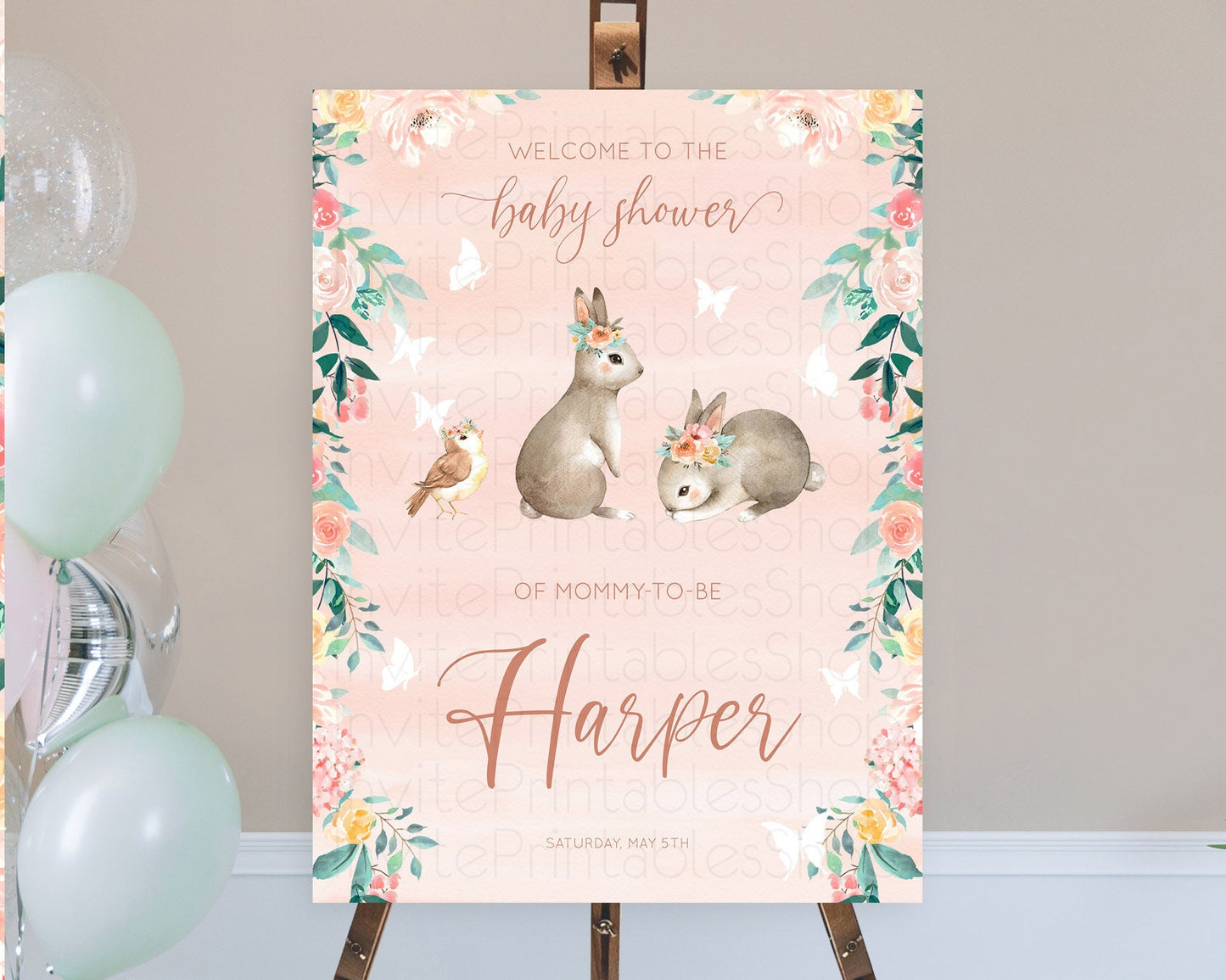 Bunny Baby Shower Welcome Sign Floral Bunny Welcome Board Pastel Flowers Woodland Bunny Welcome Poster Forest Bunny Welcome Sign D10922