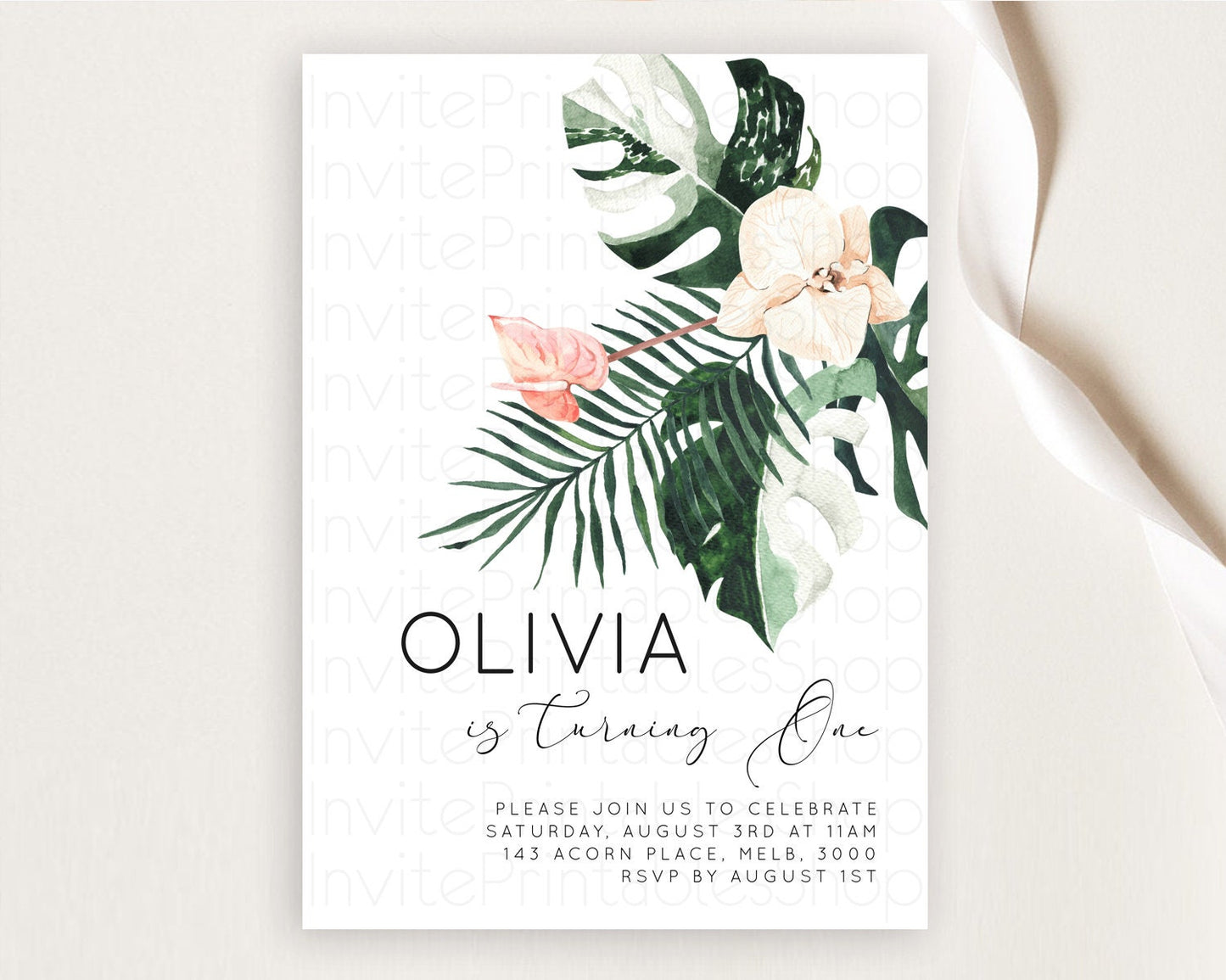 Tropical Invitation Tropical Birthday Invitation Tropical Floral Invitation Palm Leaf Fern Invite Frangipani White Orchid Invitation D11016