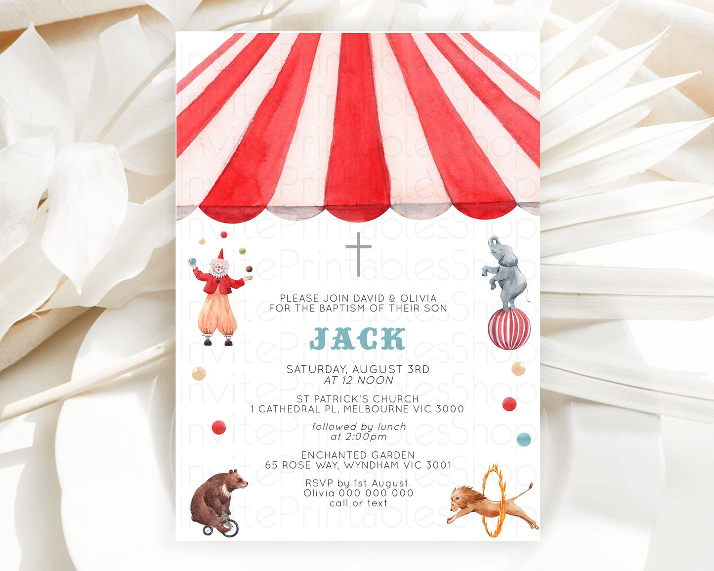 Circus Baptism Invitation Carnival Baptism 1st Birthday Invitation Clown Circus Lion Christening Invitation Circus Tent Elephant D10533