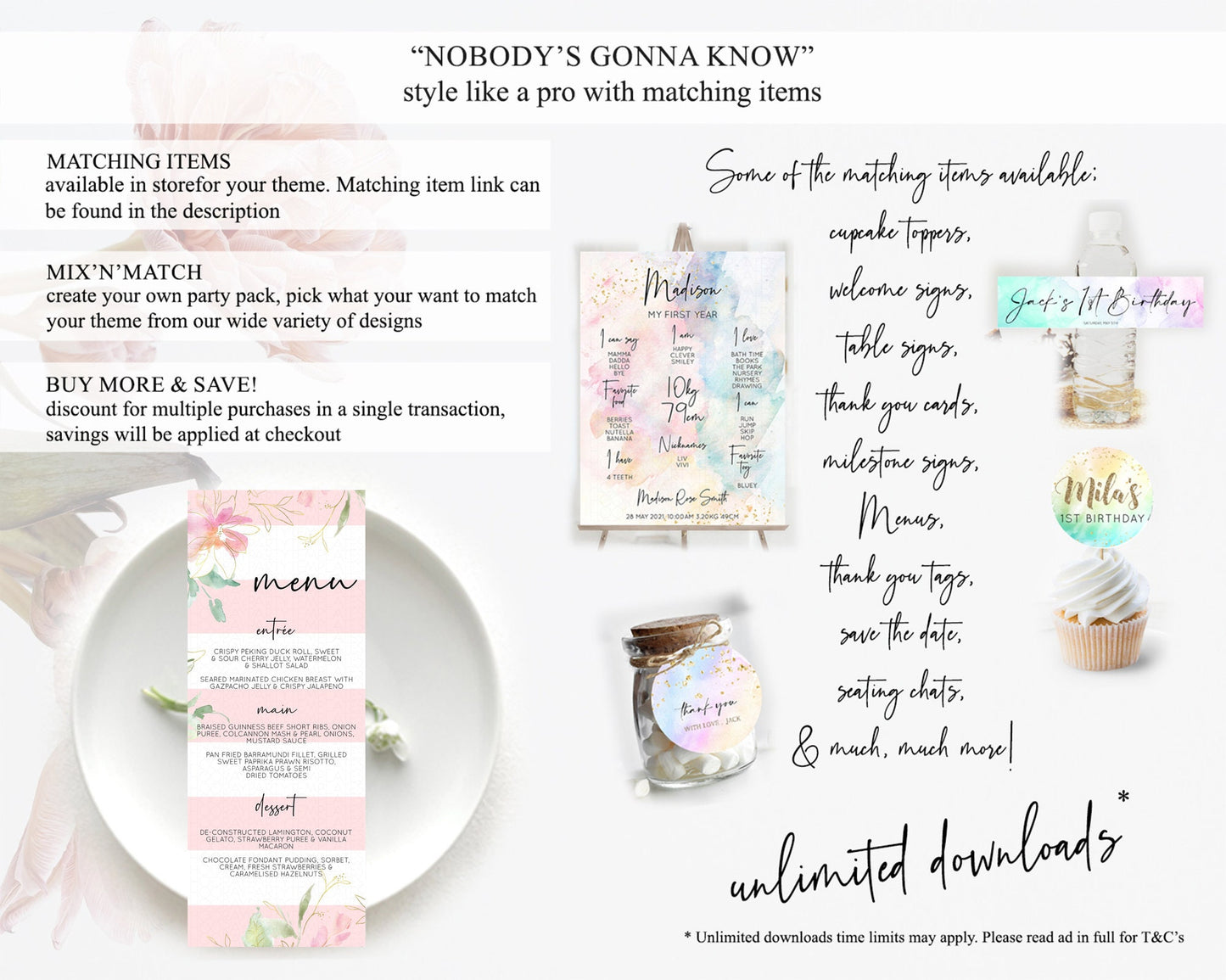 Secret Garden Menu Wildflower Menu Template Pastel Flower Garden Table Decor Boho Floral Dinner Dessert Floral Party Food Menu D10300