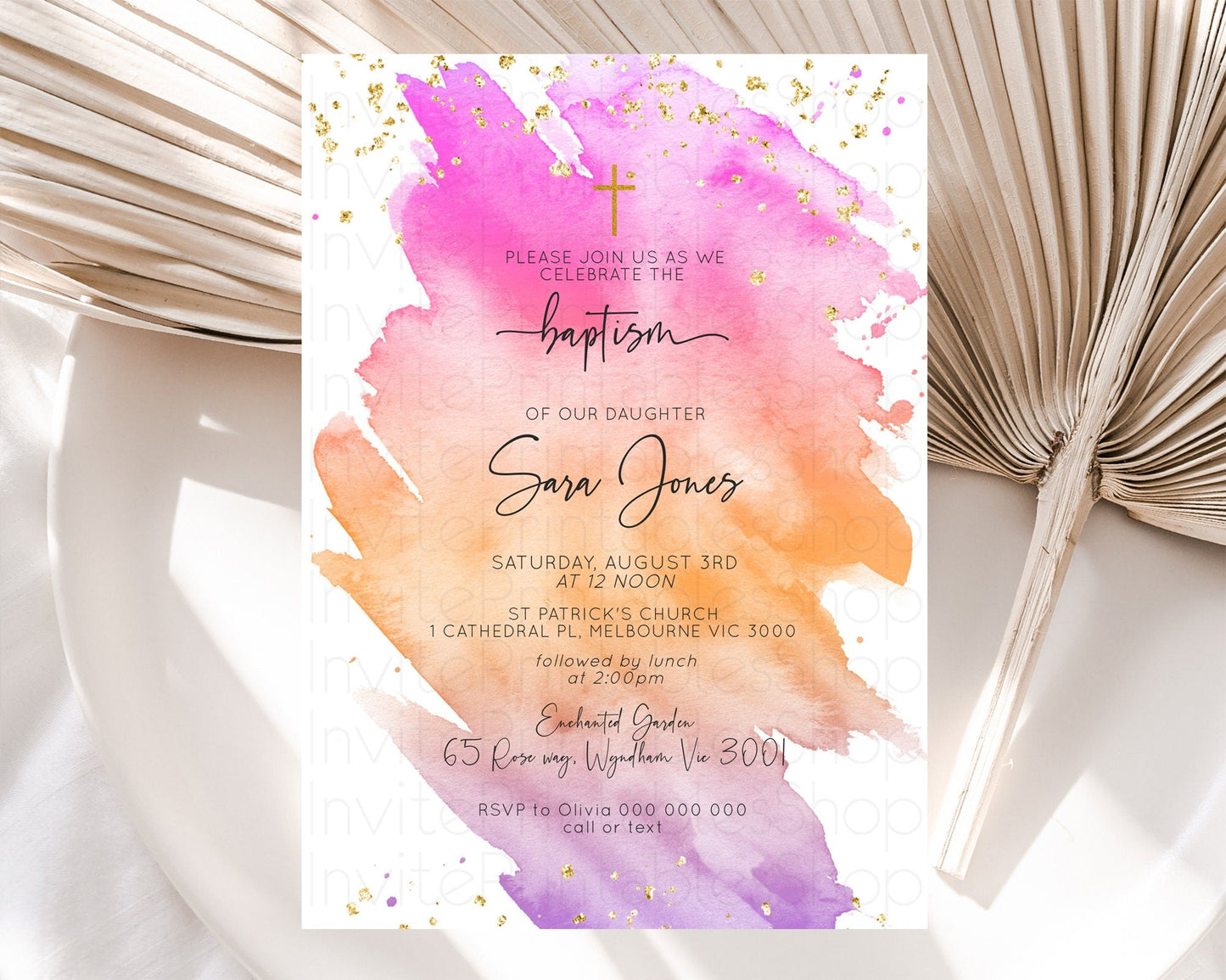 Pastel Baptism Invitation Pastel Colors Watercolor Baptism 1st Birthday Party Gold Ombre Pastel Rainbow Christening Holy Communion D10488