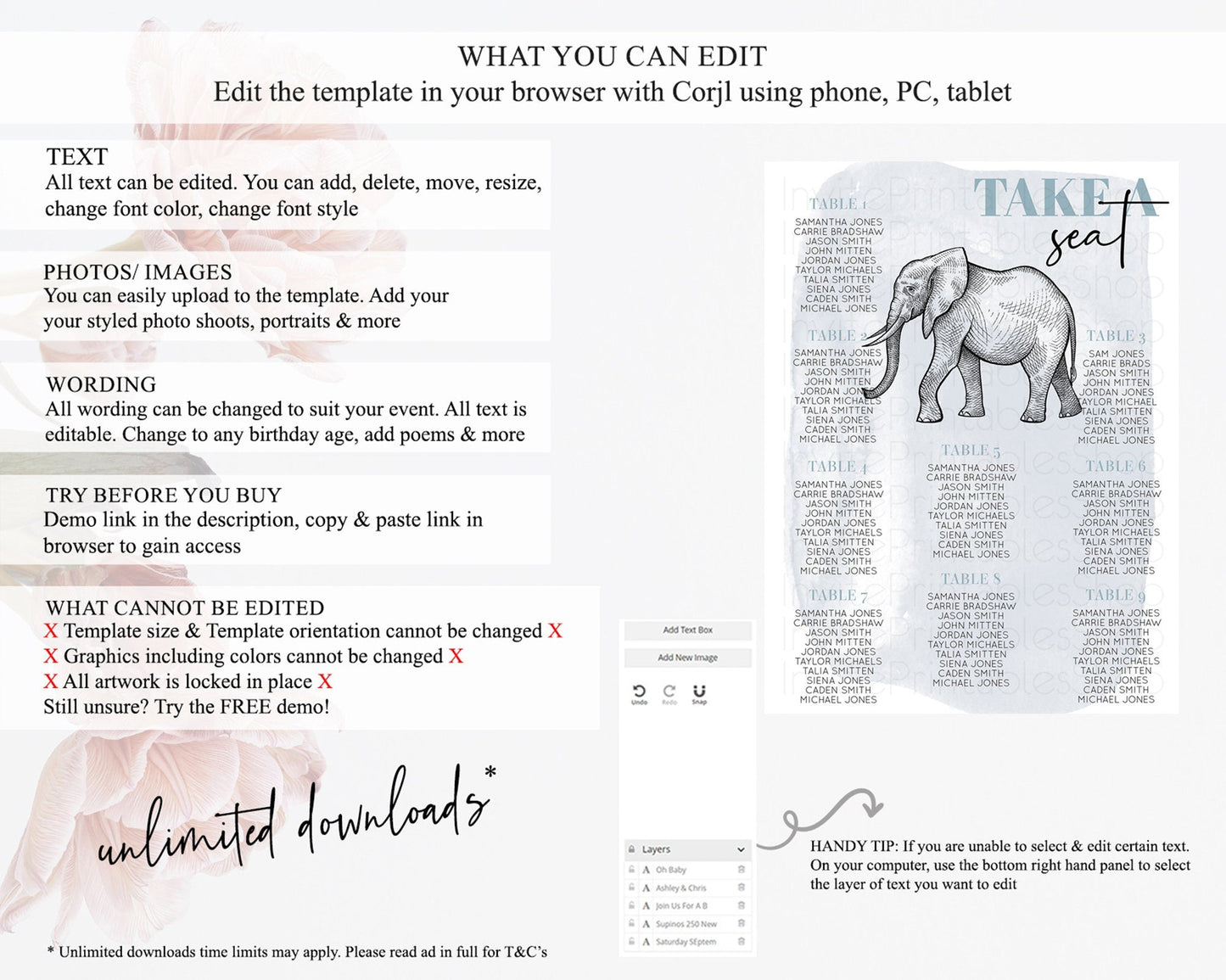 Elephant Seating Chart Elephant Seating Sign Elephant Party Safari Adventure Elephant Take A Seat Elephant Decor Zoo Fern Palm Leaf D10811