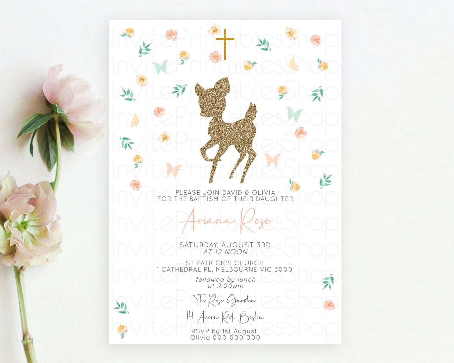 Fawn Baptism Invitation Deer Baptism 1st Birthday Invitation Enchanted Forest Christening Invitation Pastel Garden Butterfly Floral D10355