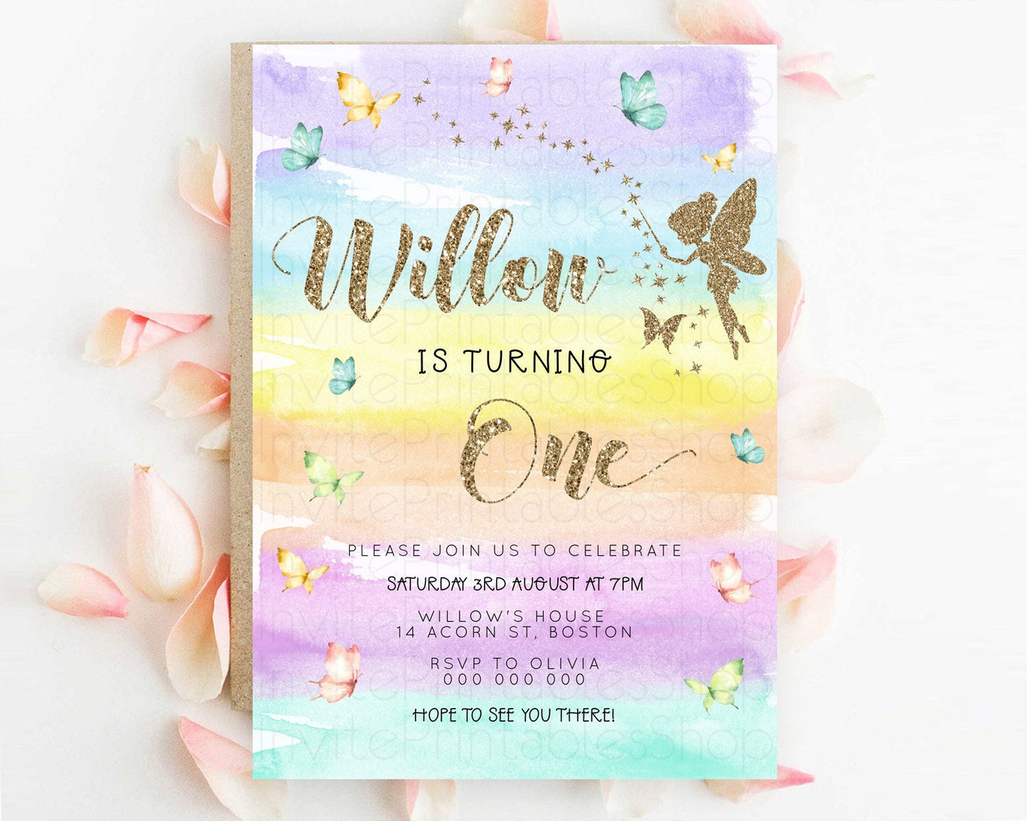 Pastel Fairy Birthday Invitation Pastel Butterflies Fairy Birthday Invitation Rainbow Ombre Watercolor 1st 2nd Birthday Invitation D23315