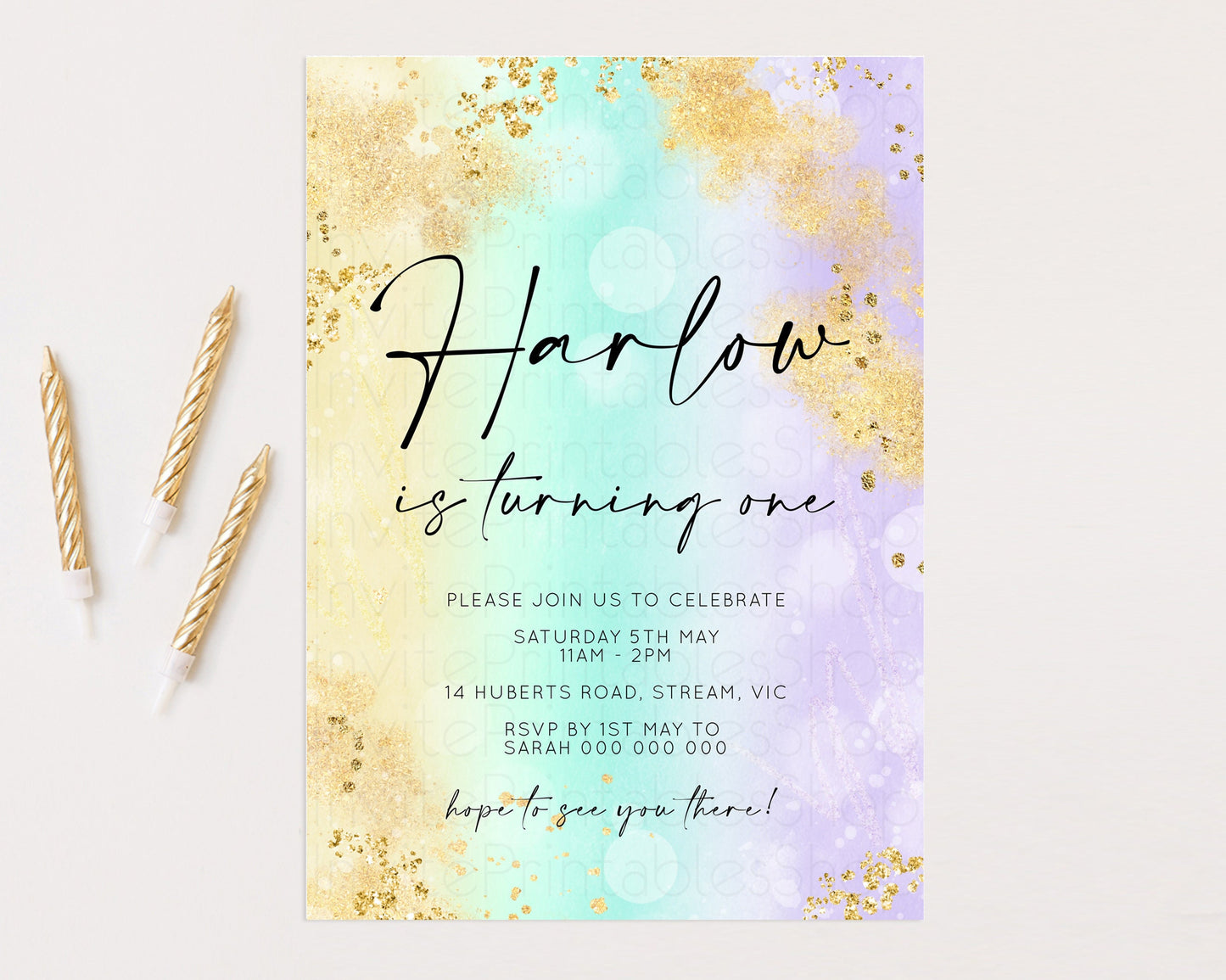 Rainbow Birthday Invitation Pastel Birthday Invite Ombre Watercolor Invite Enchanted Theme Colorful Splash Glitter Sprinkles 1st 2nd 3rd