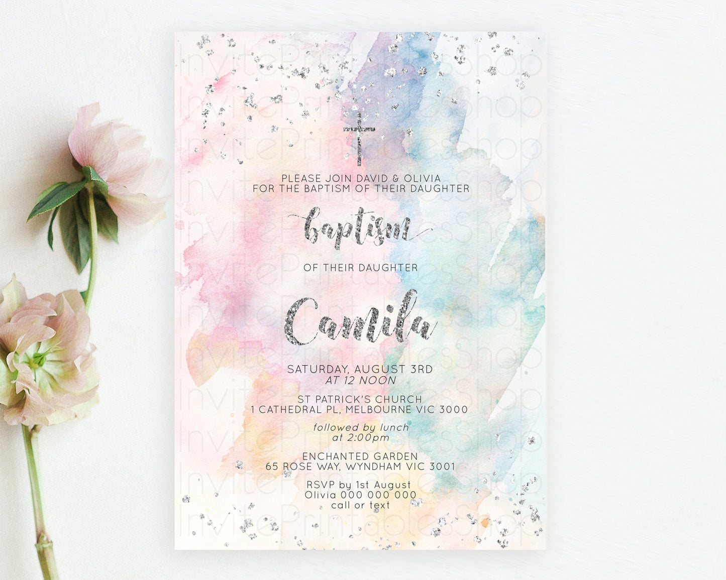 Rainbow Baptism Invitation Colorful Pastel Watercolor Baptism 1st Birthday Invitation Silver Glitter Ombre Christening Invitation D10944