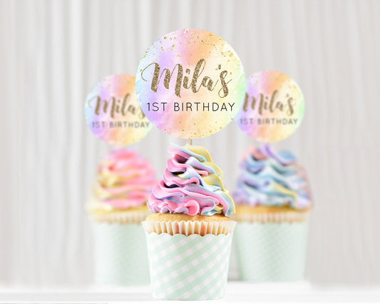 Editable Rainbow Cupcake Toppers Pastel Cupcake Toppers Colorful Pastel Wate
