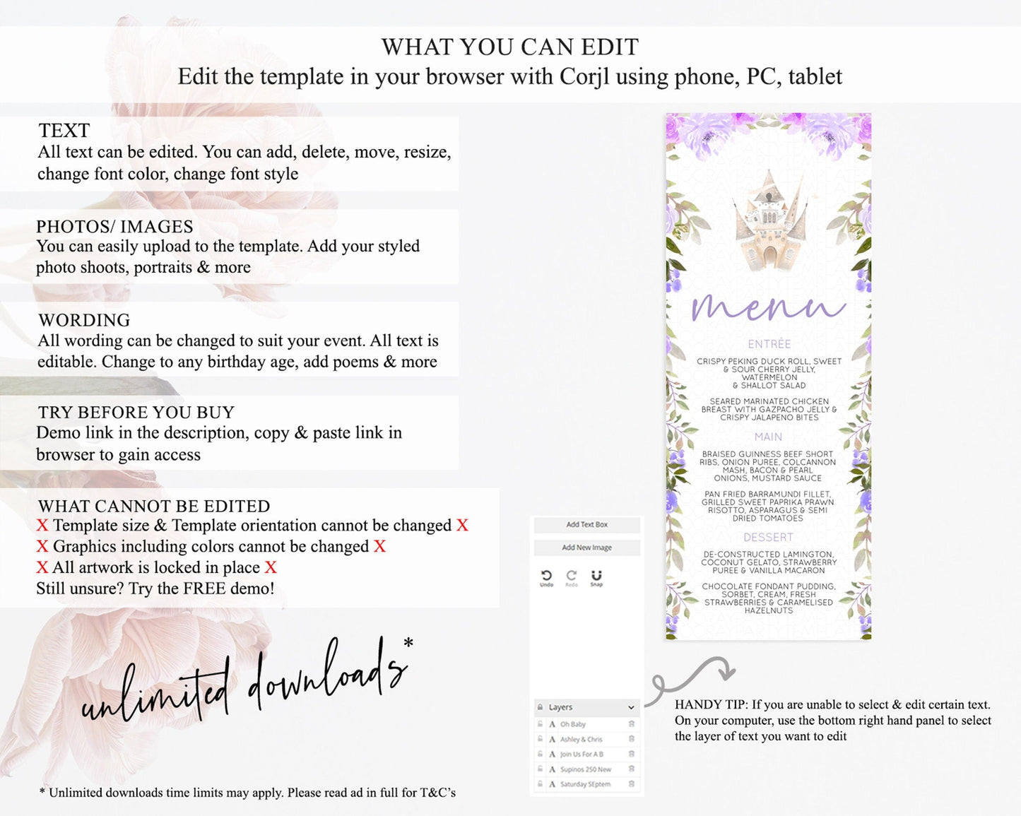 Princess Menu Castle Menu Template Secret Garden Table Decor Enchanted Castle Pastel Floral Dinner Dessert Menu Princess Food Menu D10339