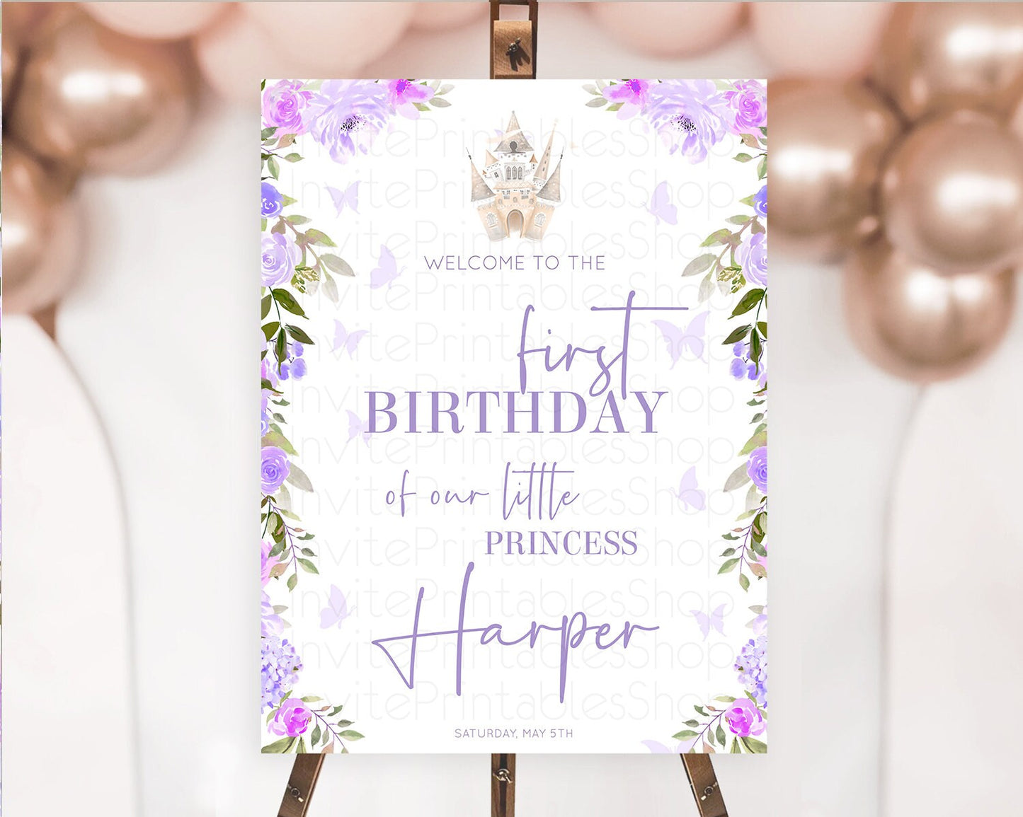 Princess Birthday Welcome Sign Castle Welcome Board Secret Garden Enchanted Castle Pastel Floral Garden First Birthday Welcome Sign D10339