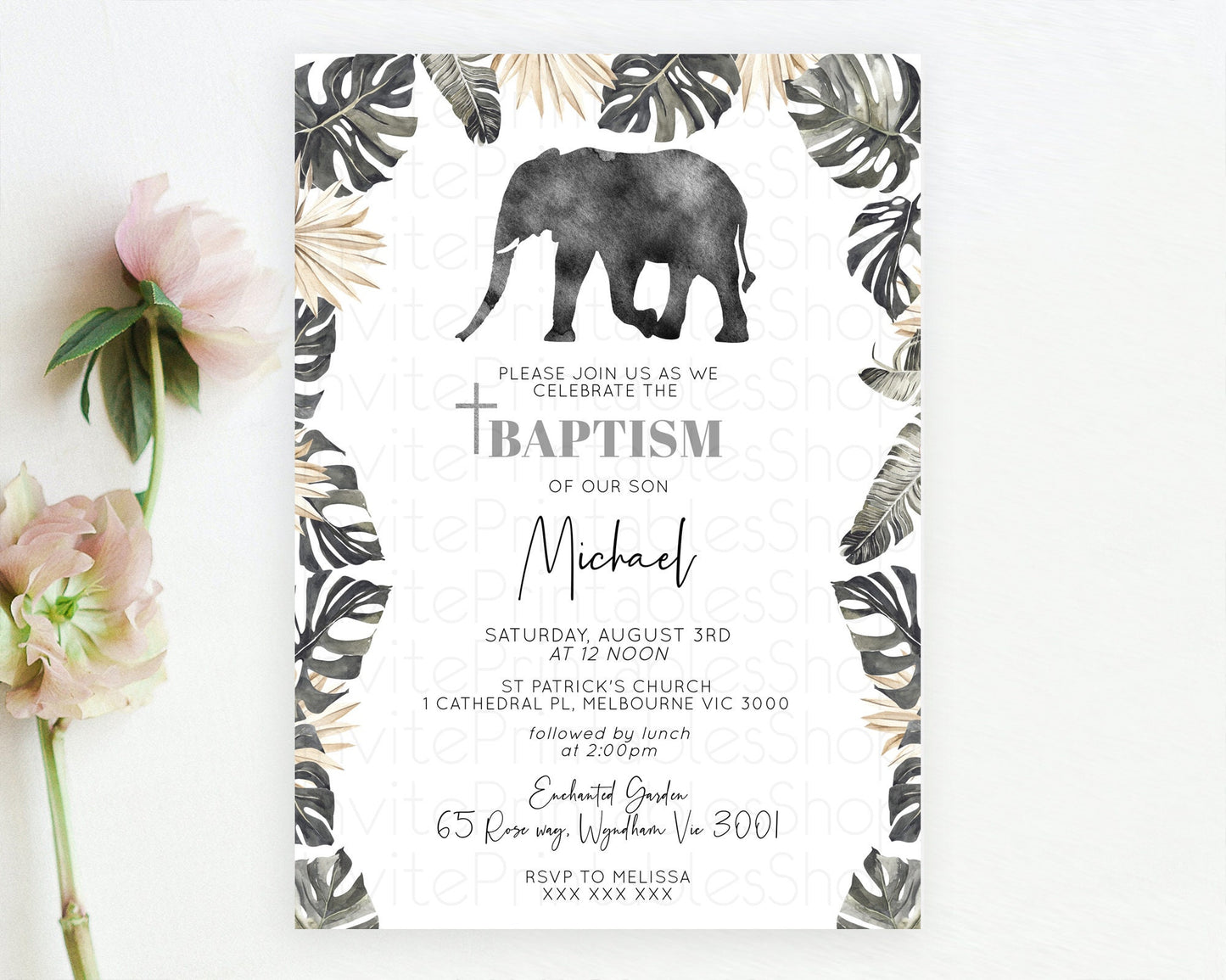 Elephant Baptism Invitation Elephant Baptism 1st Birthday Invitation Safari Christening Invitation TWO Wild ONE Jungle Adventure Zoo D10803